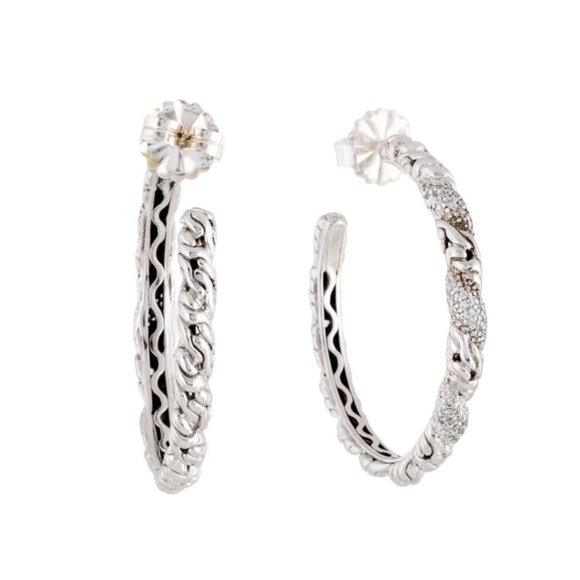 JOHN HARDY DIAMOND STERLING SILVER & 18K GOLD HOOP EARRINGS - Picture 7 of 8